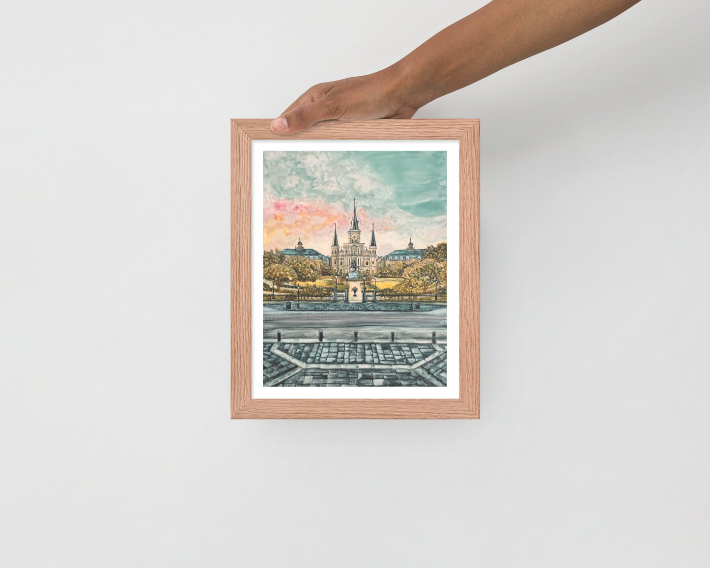 Watercolor Print of Jackson Square in New Orleans with a sunset forming over the St. Louis Cathedral in a 8x10 wood frame