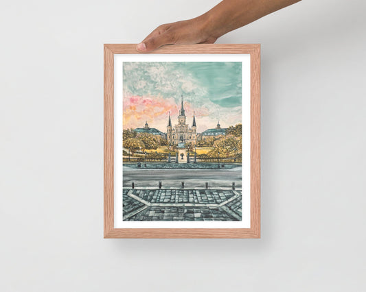 Watercolor Print of Jackson Square in New Orleans with a sunset forming over the St. Louis Cathedral in a 11x14 wood frame
