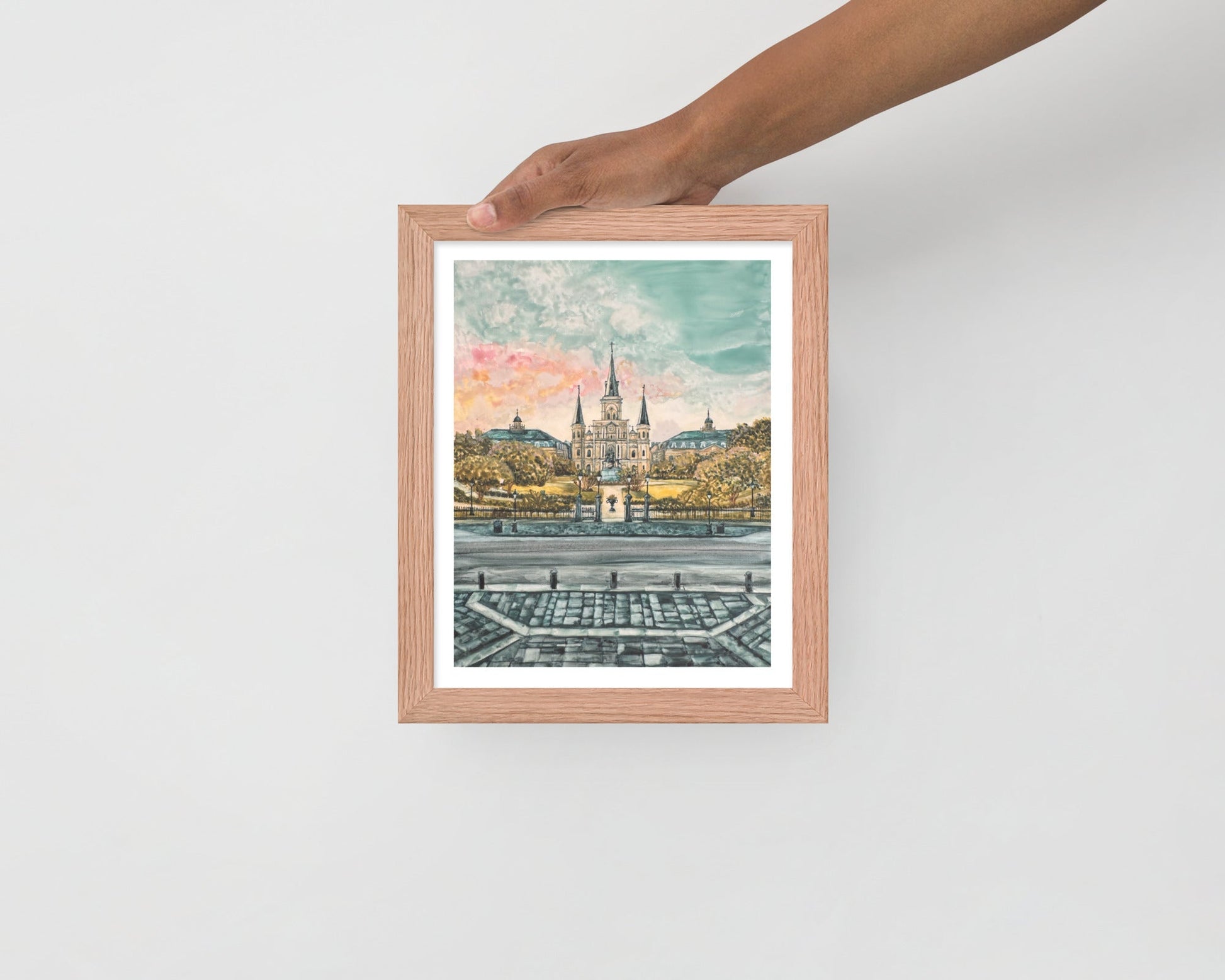 Watercolor Print of Jackson Square in New Orleans with a sunset forming over the St. Louis Cathedral in a 8x10 wood frame